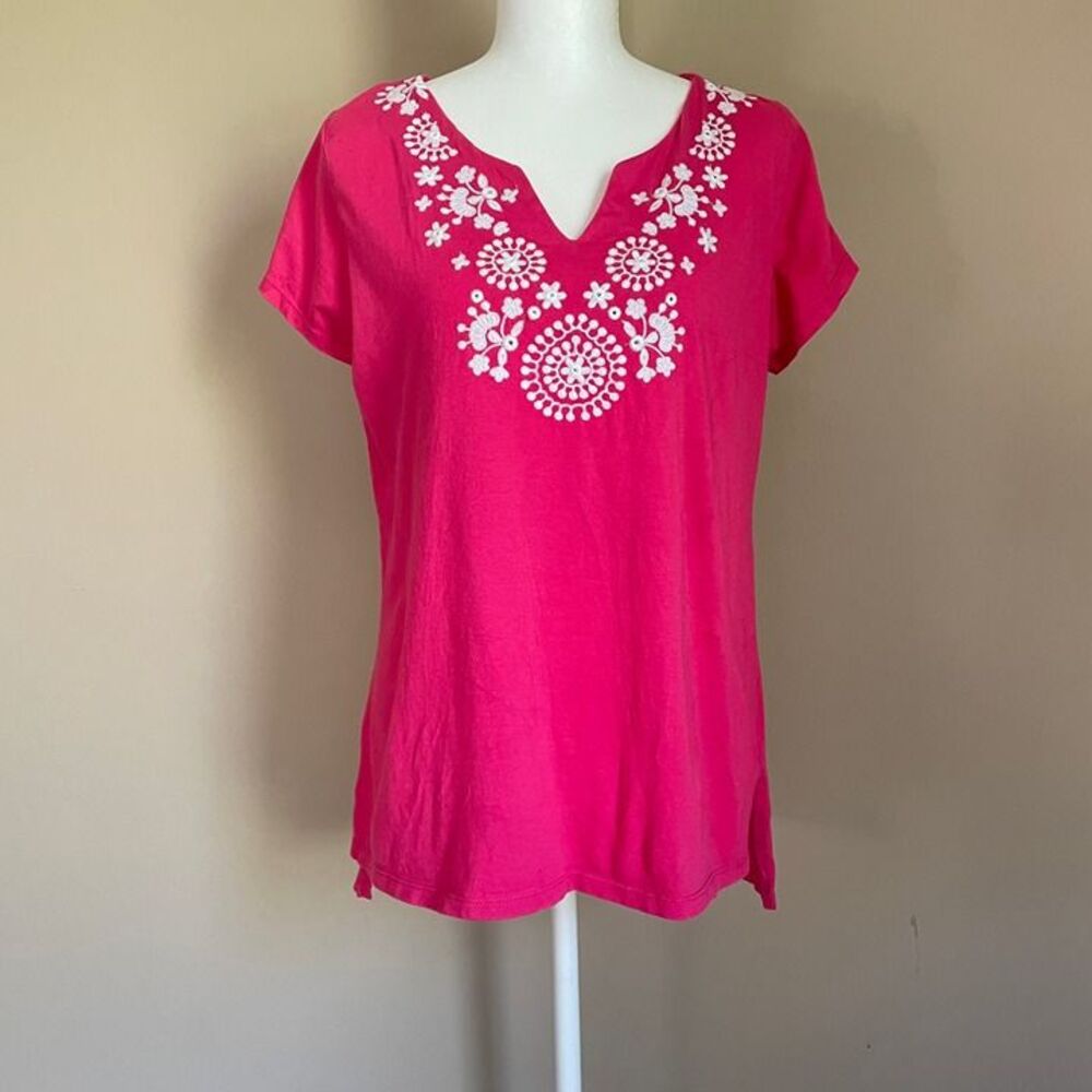 Premise Large Pima Cotton Embroidered Pink Short Sleeve Top High-Low Hem